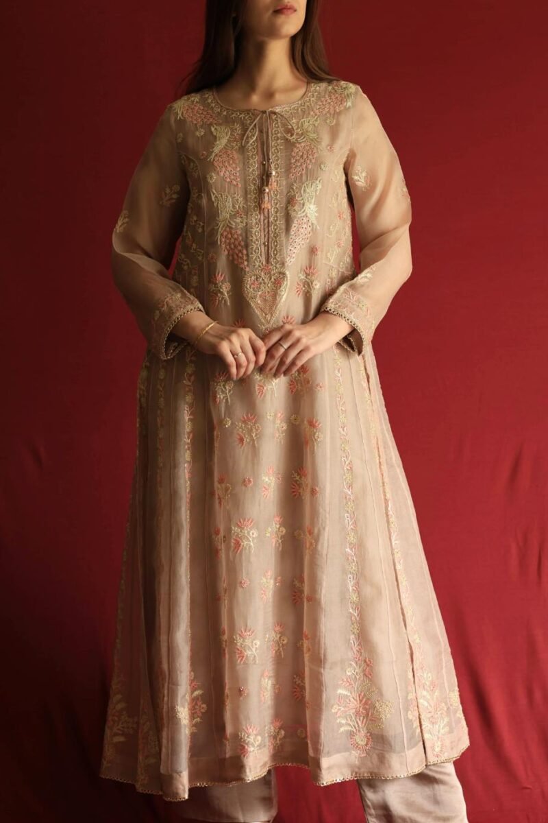 Pastel Beige Noor Organza Chikankari Anarkali With Dupatta