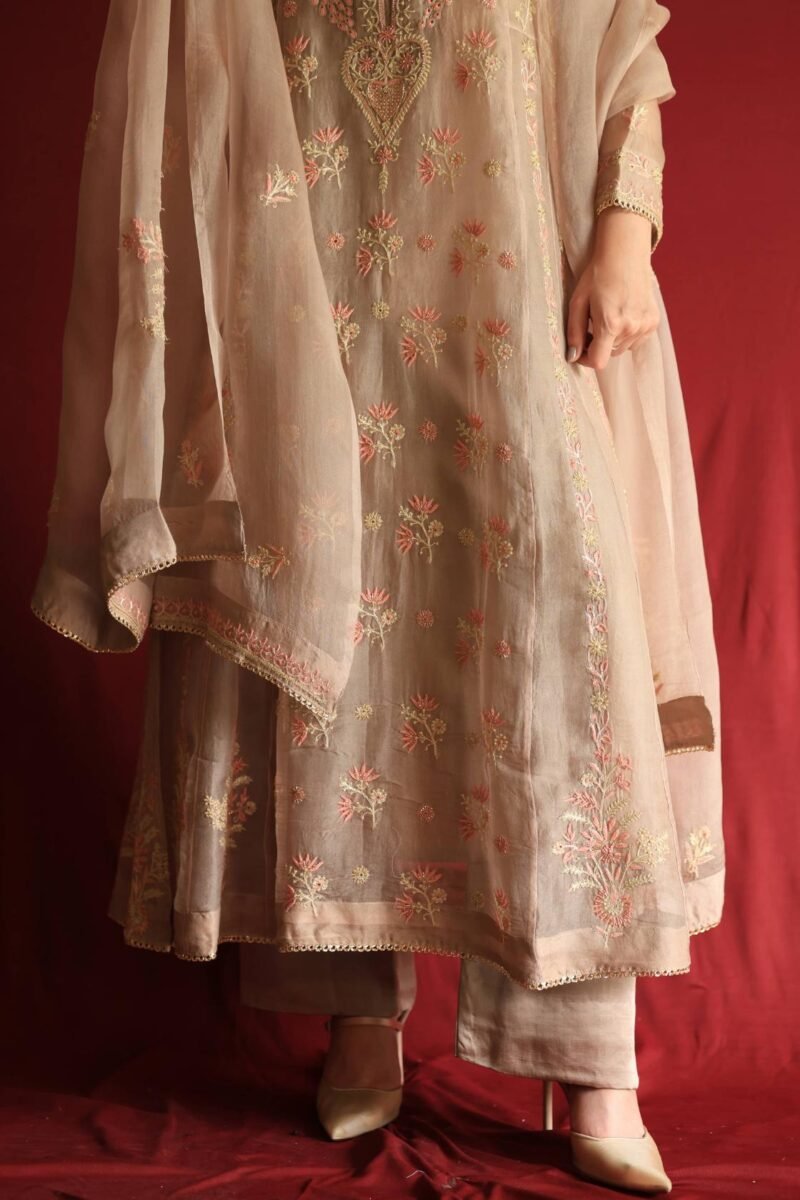 Pastel Beige Noor Organza Chikankari Anarkali With Dupatta