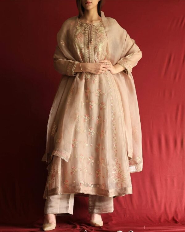 Pastel Beige Noor Organza Chikankari Anarkali With Dupatta - Image 9