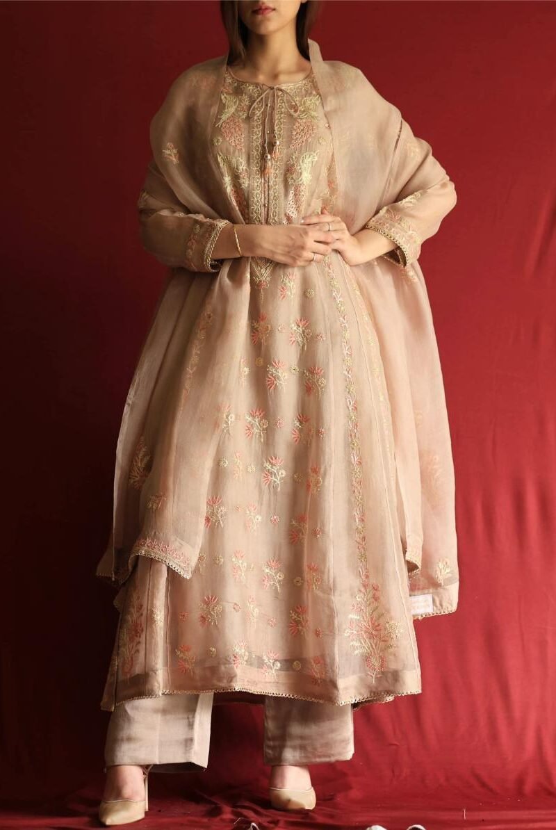 Pastel Beige Noor Organza Chikankari Anarkali With Dupatta