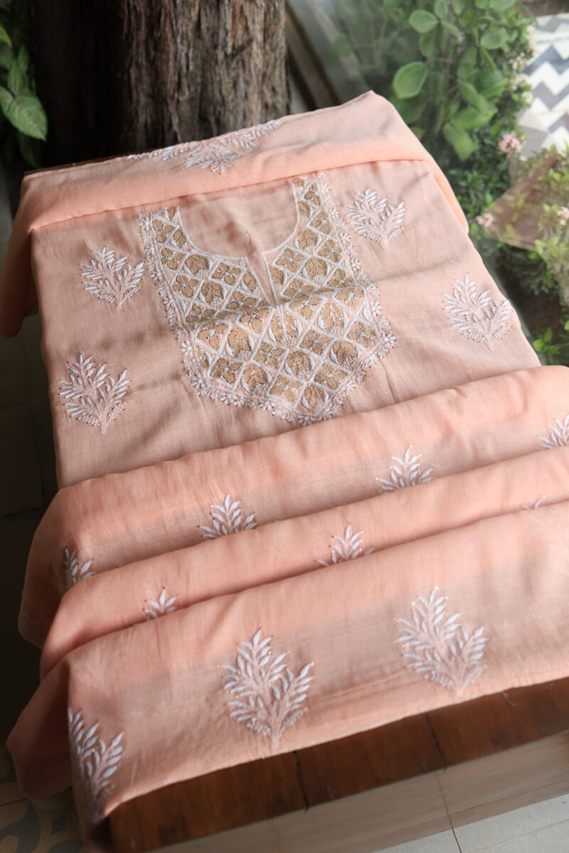 Peach Daraz Chanderi Chikankari Unstitched Kurta Fabrics