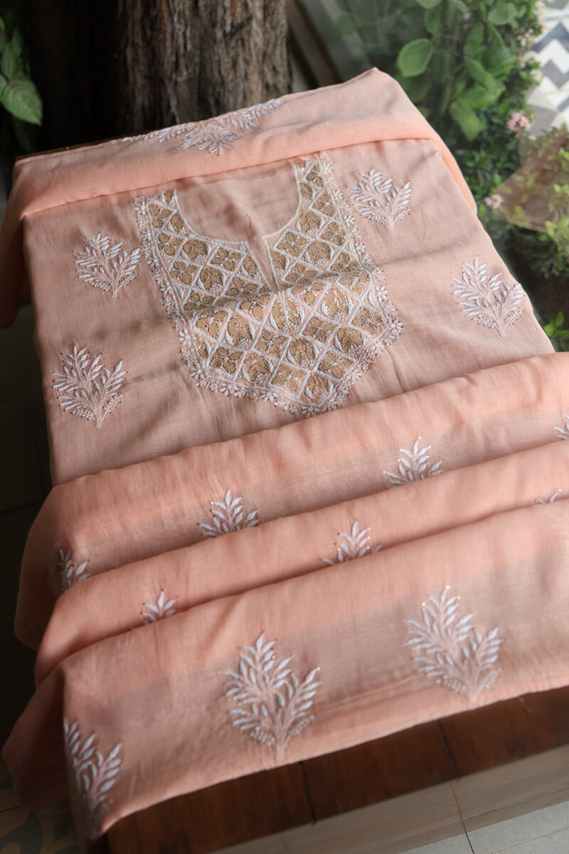 Peach Daraz Chanderi Chikankari Unstitched Kurta Fabrics