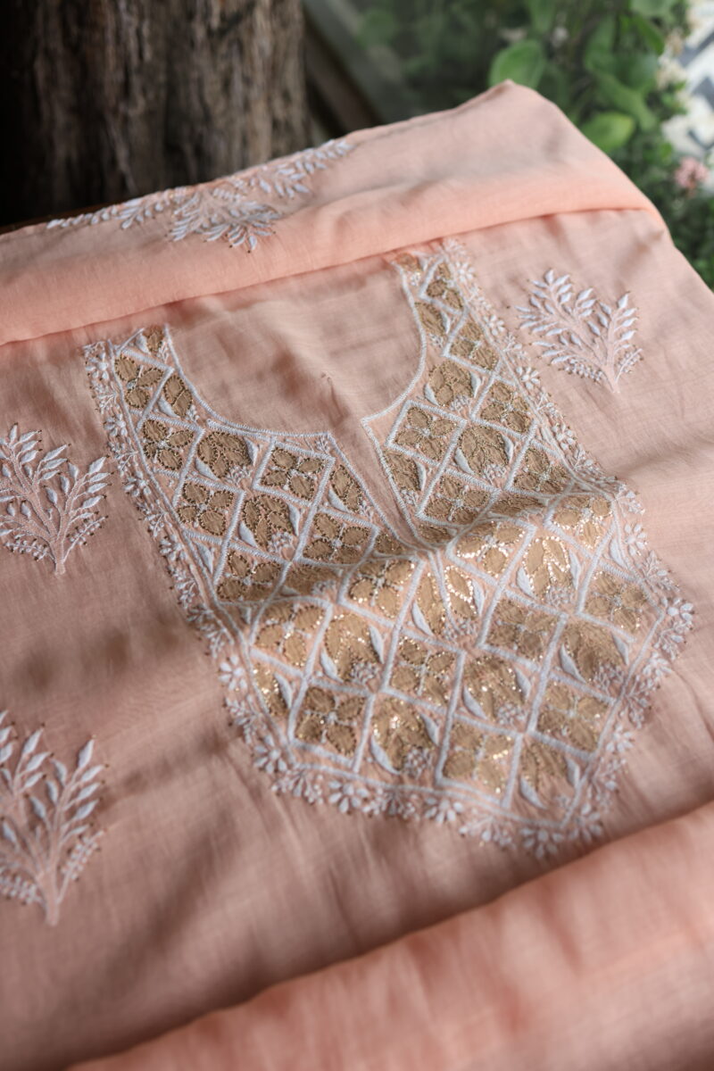 Peach Daraz Chanderi Chikankari Unstitched Kurta Fabrics
