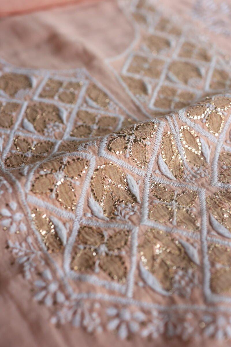 Peach Daraz Chanderi Chikankari Unstitched Kurta Fabrics