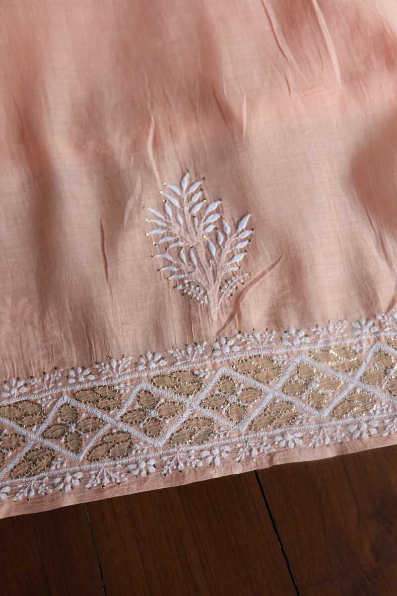 Peach Daraz Chanderi Chikankari Unstitched Kurta Fabrics