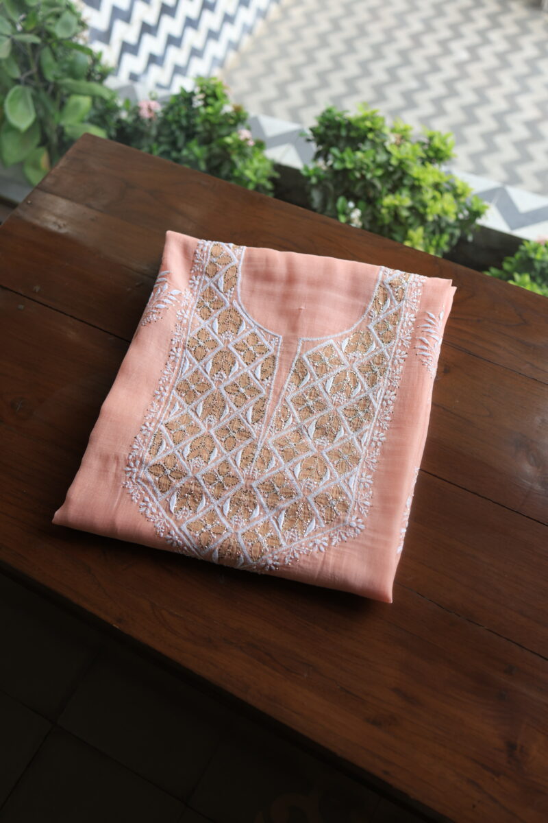 Peach Daraz Chanderi Chikankari Unstitched Kurta Fabrics
