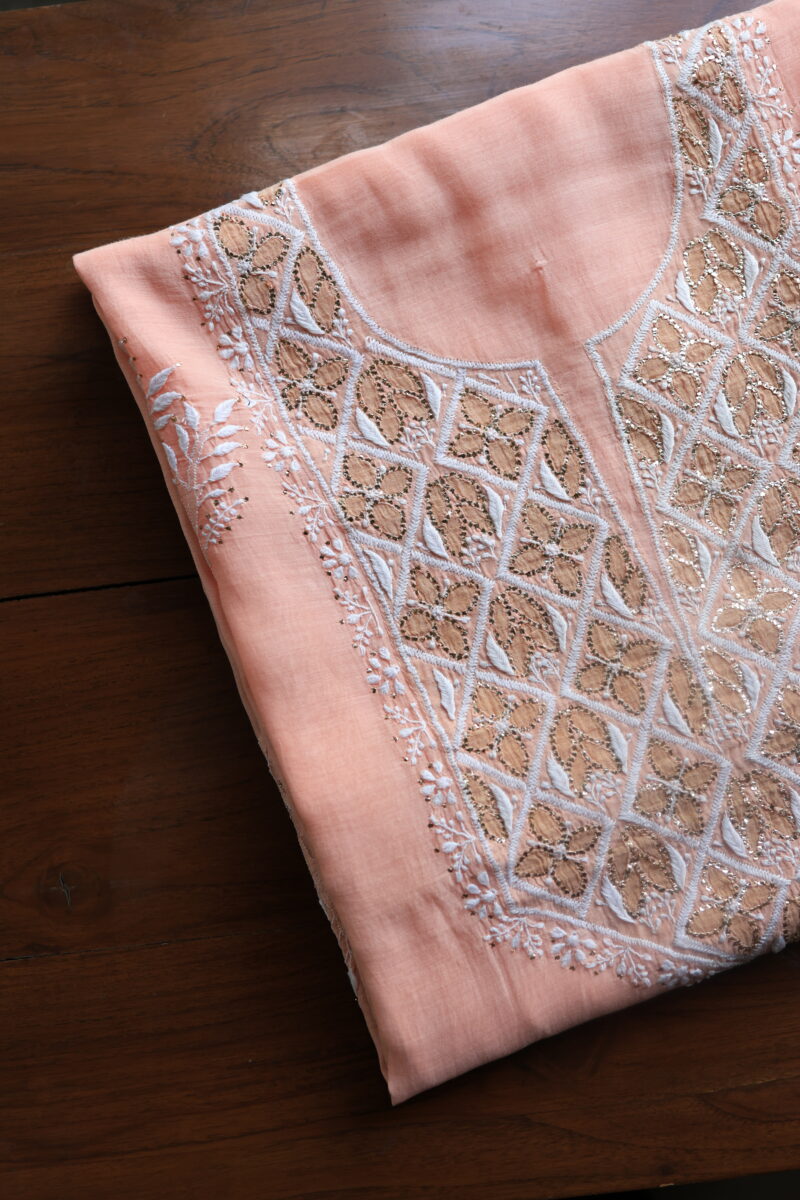 Peach Daraz Chanderi Chikankari Unstitched Kurta Fabrics
