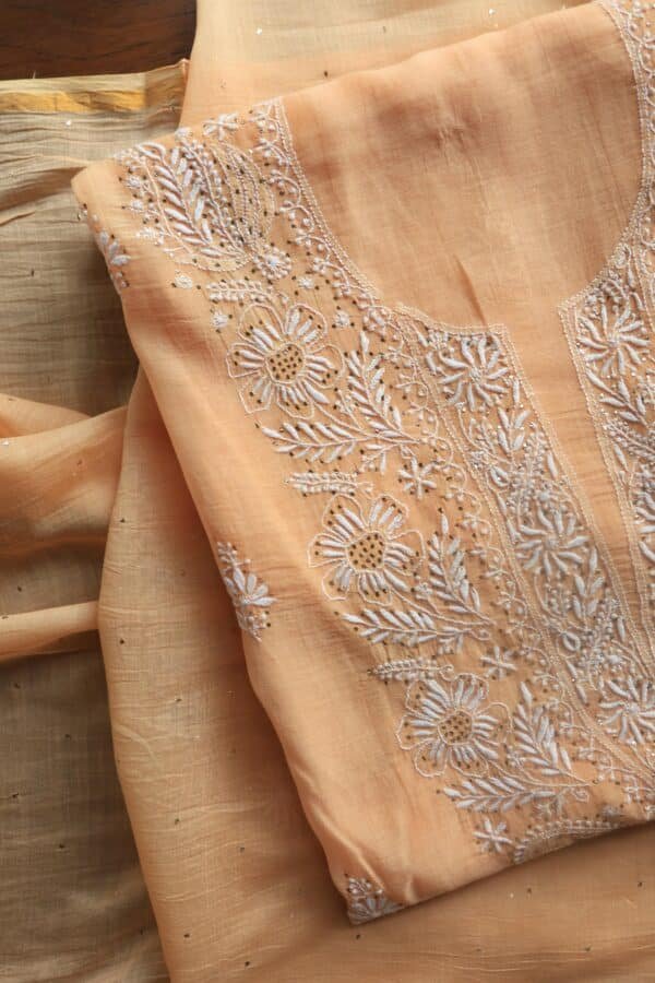 Peach Mal Cotton Chikankari Unstitched Kurta Dupatta Fabrics With Kamdani