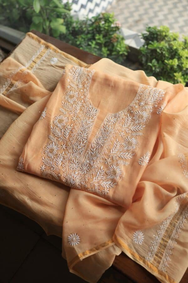 Peach Mal Cotton Chikankari Unstitched Kurta Dupatta Fabrics With Kamdani - Image 12