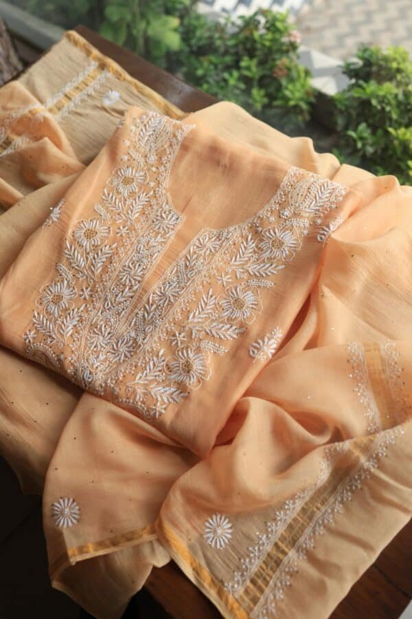 Peach Mal Cotton Chikankari Unstitched Kurta Dupatta Fabrics With Kamdani - Image 3