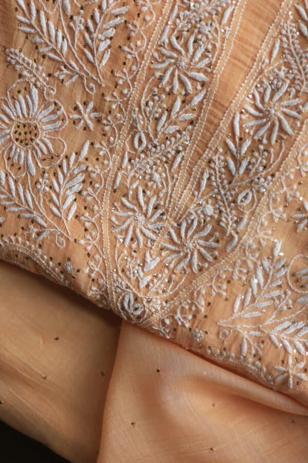 Peach Mal Cotton Chikankari Unstitched Kurta Dupatta Fabrics With Kamdani - Image 4