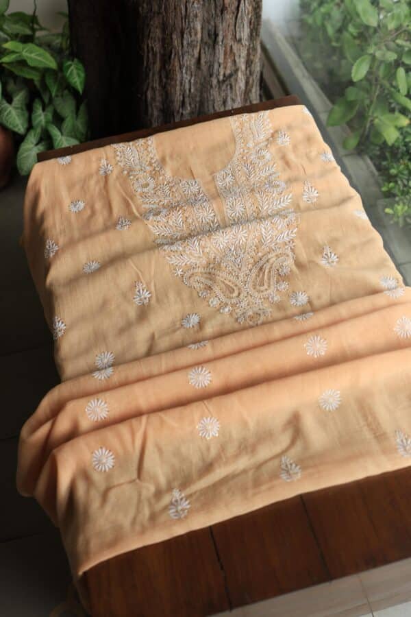 Peach Mal Cotton Chikankari Unstitched Kurta Dupatta Fabrics With Kamdani - Image 5