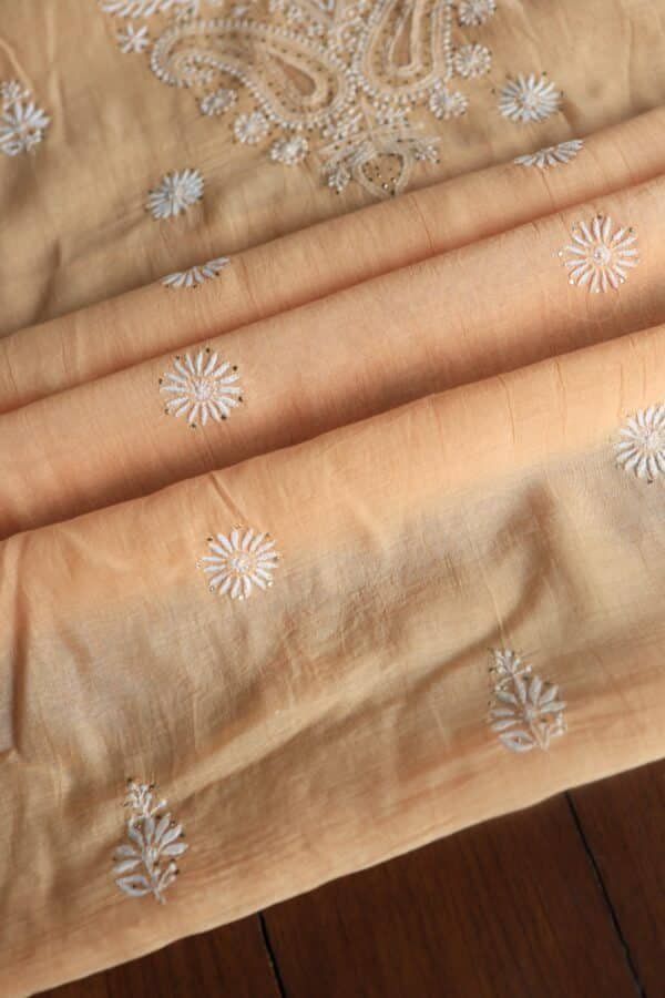 Peach Mal Cotton Chikankari Unstitched Kurta Dupatta Fabrics With Kamdani - Image 6