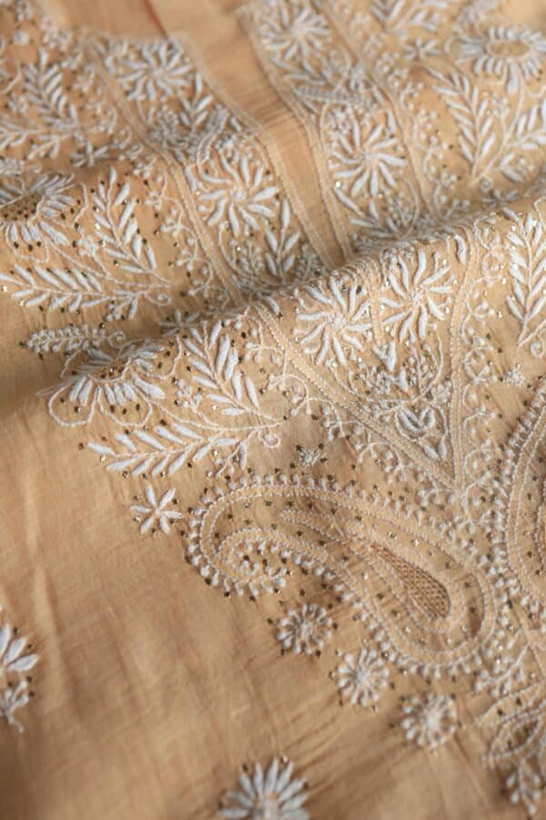 Peach Mal Cotton Chikankari Unstitched Kurta Dupatta Fabrics With Kamdani - Image 8