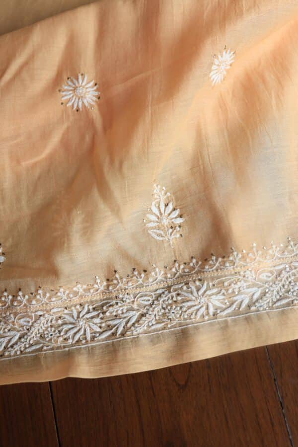 Peach Mal Cotton Chikankari Unstitched Kurta Dupatta Fabrics With Kamdani - Image 9