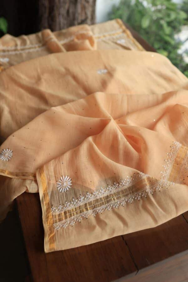Peach Mal Cotton Chikankari Unstitched Kurta Dupatta Fabrics With Kamdani - Image 10