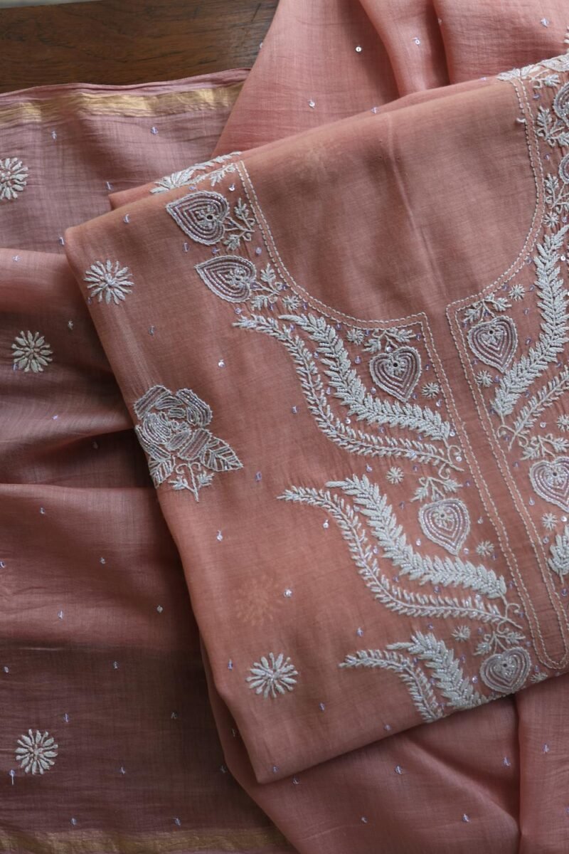 Peach Malmals Pearl Work Chikankari Fabrics