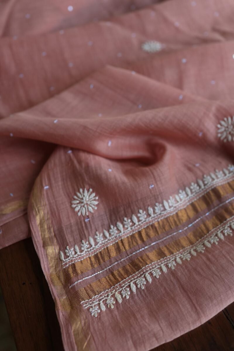 Peach Malmals Pearl Work Chikankari Fabrics
