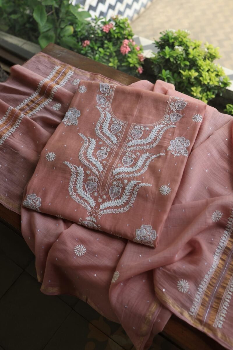 Peach Malmals Pearl Work Chikankari Fabrics