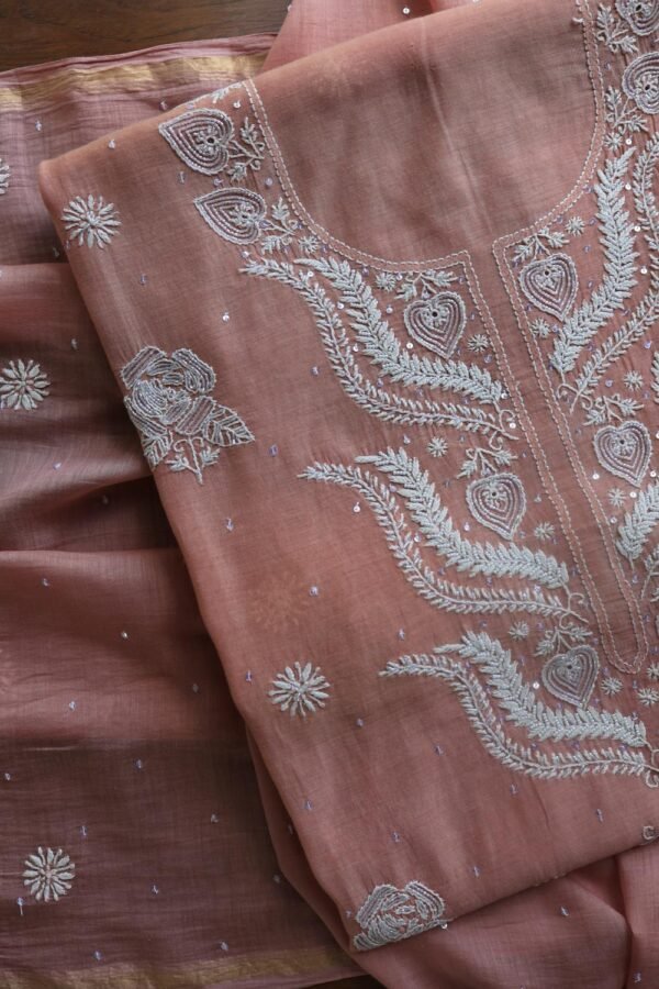 Peach Malmals Pearl Work Chikankari Fabrics - Image 7
