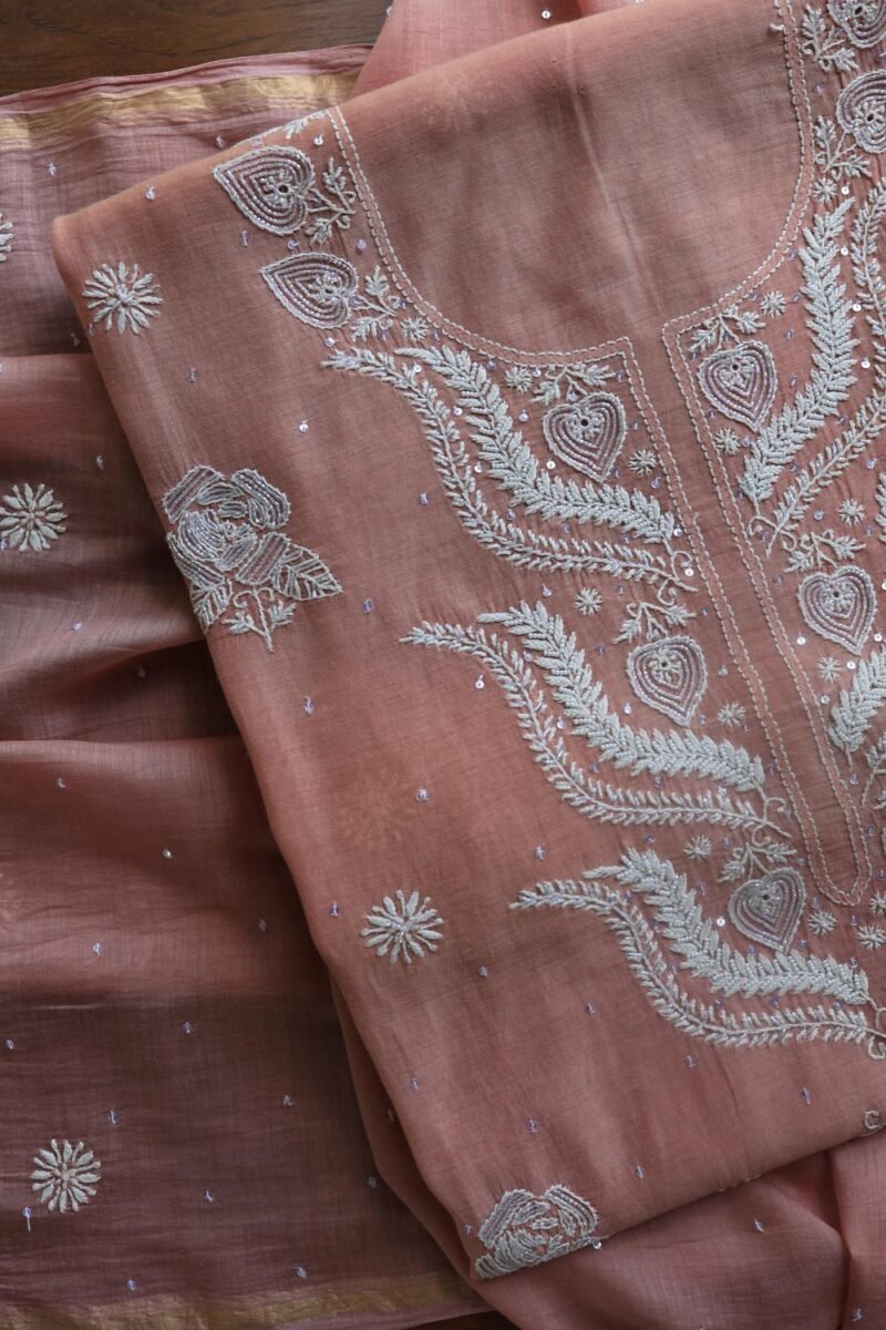 Peach Malmals Pearl Work Chikankari Fabrics