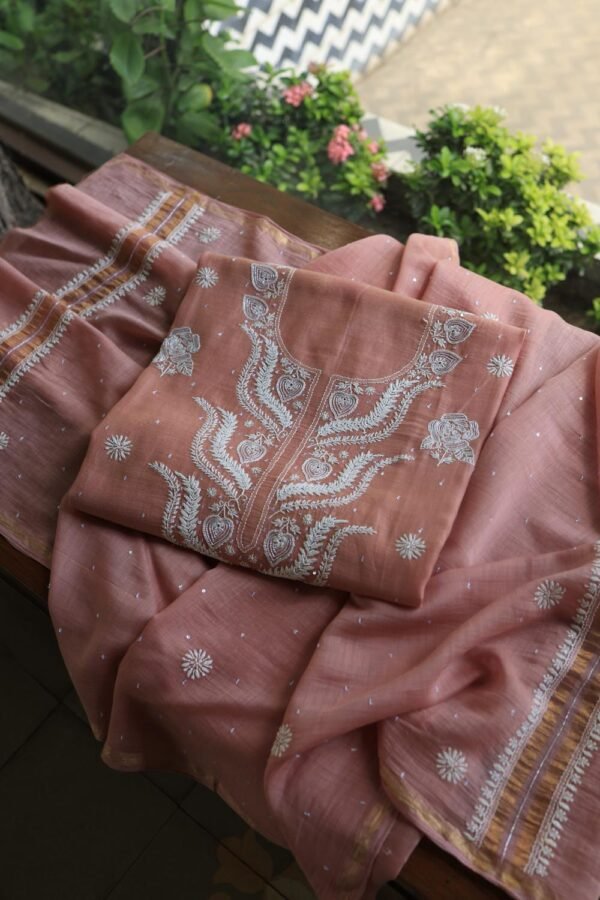 Peach Malmals Pearl Work Chikankari Fabrics - Image 8