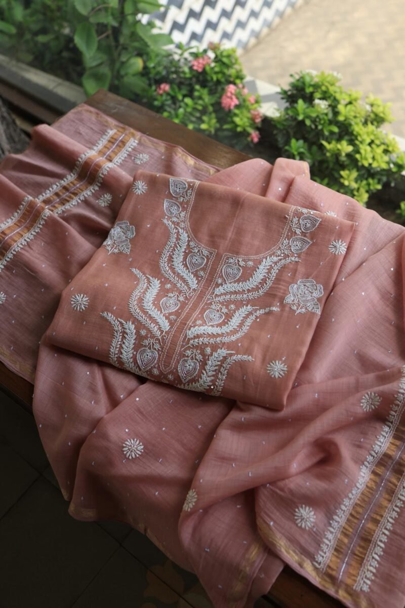 Peach Malmals Pearl Work Chikankari Fabrics