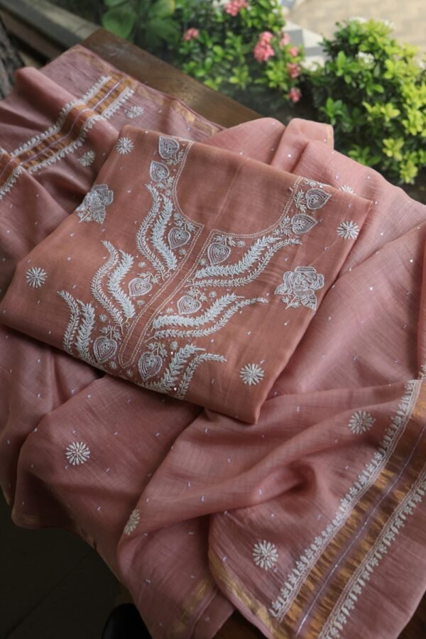 Peach Malmals Pearl Work Chikankari Fabrics - Image 3