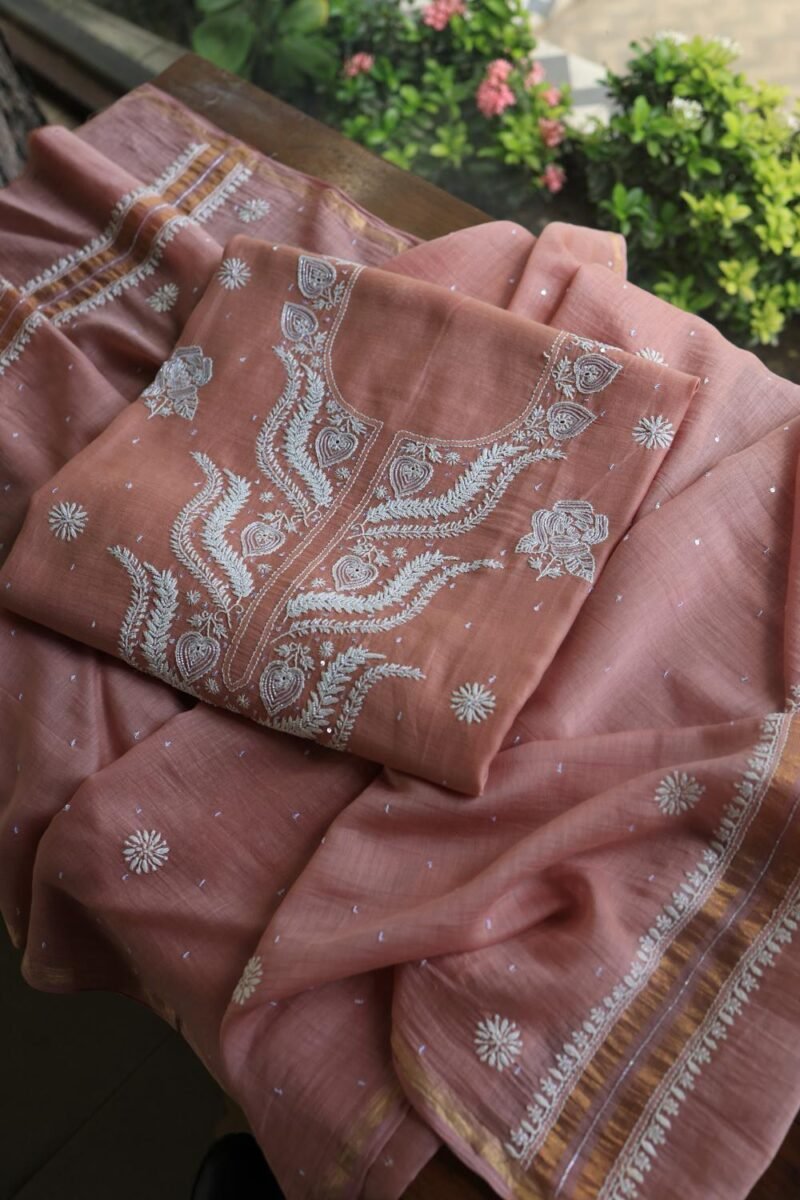 Peach Malmals Pearl Work Chikankari Fabrics