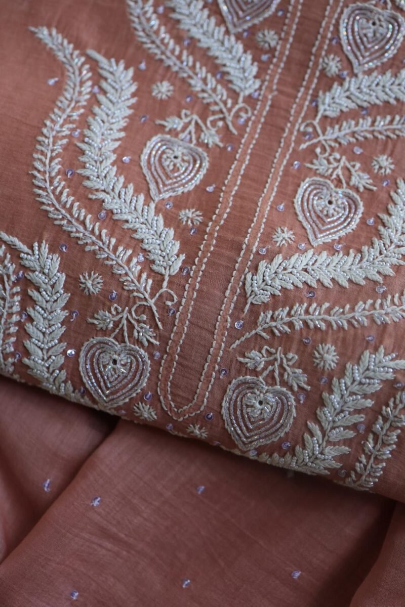 Peach Malmals Pearl Work Chikankari Fabrics