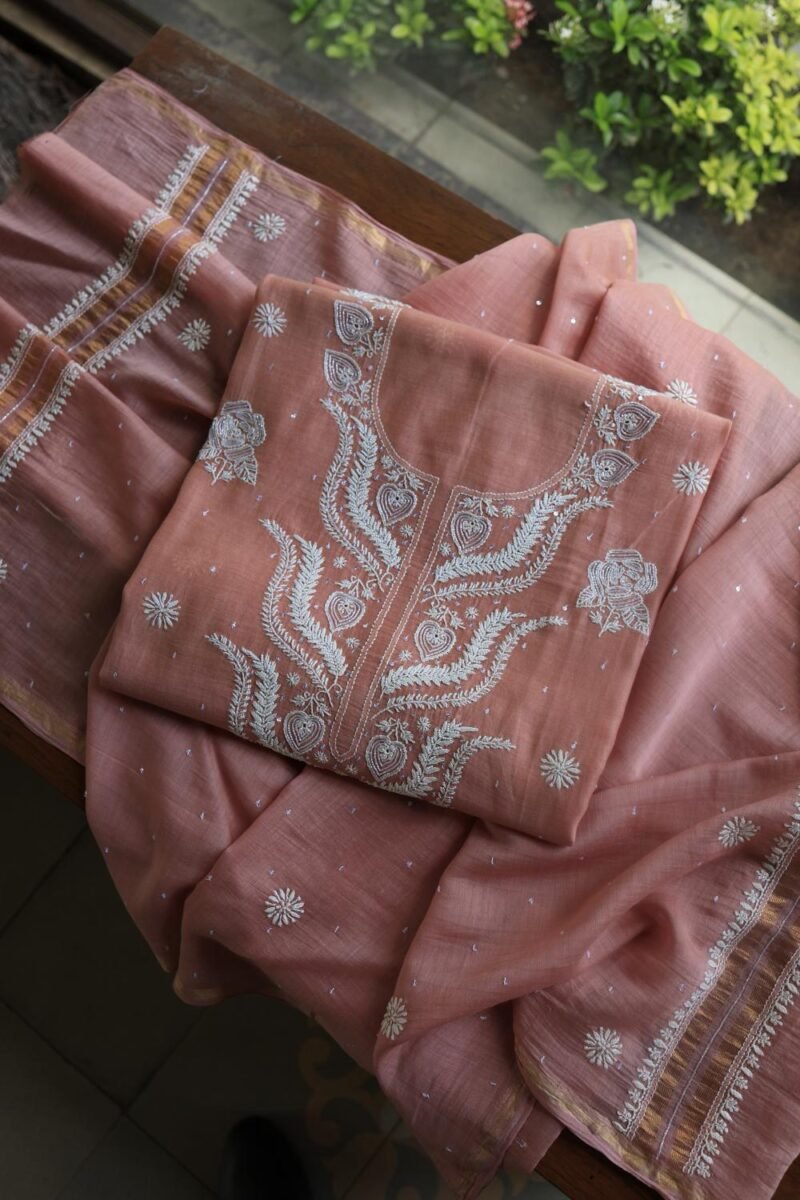 Peach Malmals Pearl Work Chikankari Fabrics