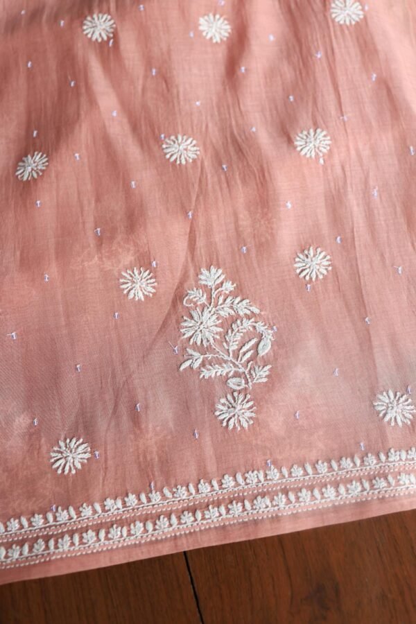 Peach Malmals Pearl Work Chikankari Fabrics - Image 13