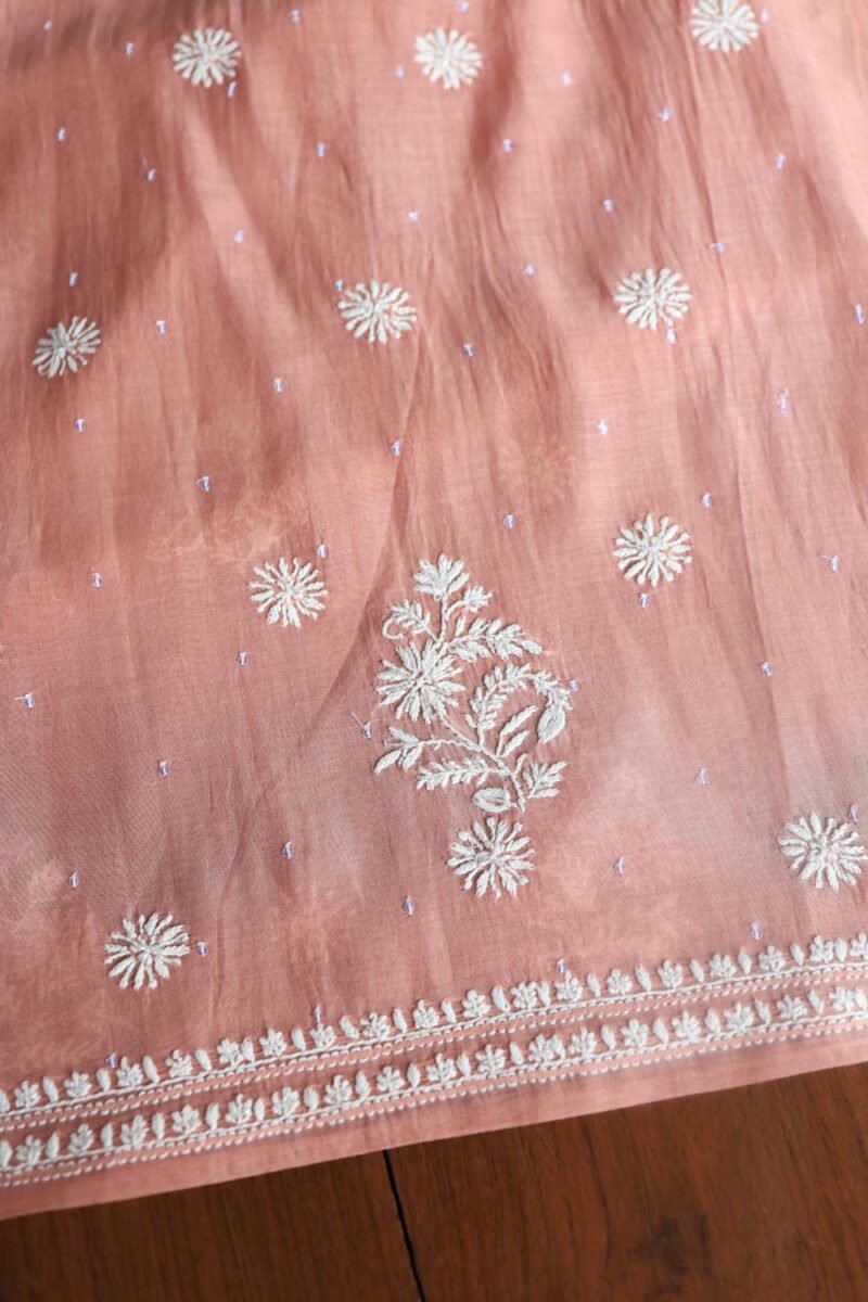 Peach Malmals Pearl Work Chikankari Fabrics