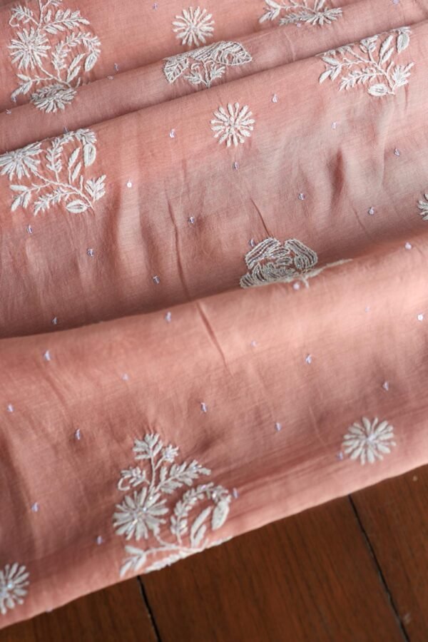 Peach Malmals Pearl Work Chikankari Fabrics - Image 9