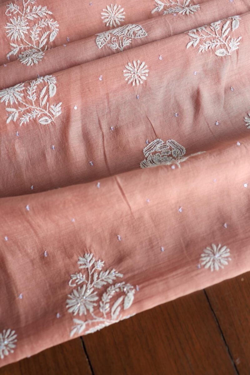 Peach Malmals Pearl Work Chikankari Fabrics