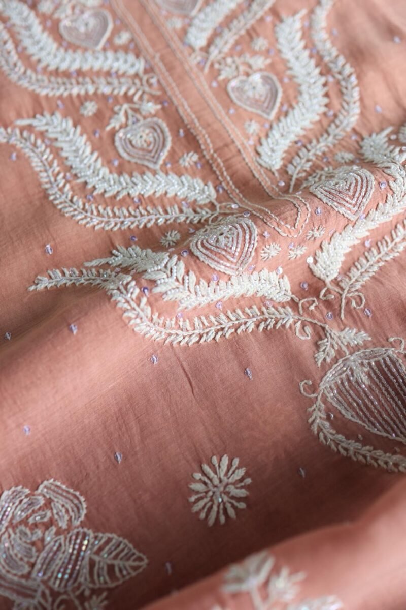 Peach Malmals Pearl Work Chikankari Fabrics