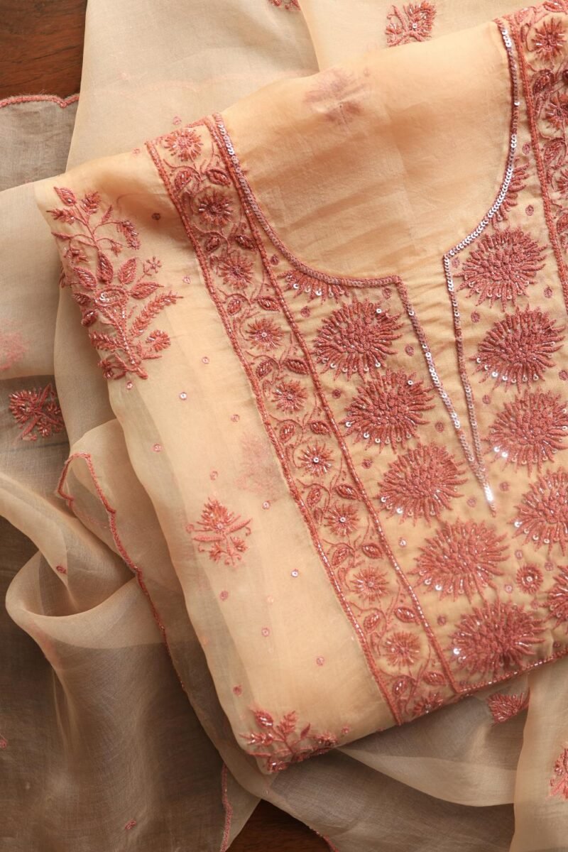 Peach Noor Organza Silk Chikankari Unstitched Kurta Dupatta Set