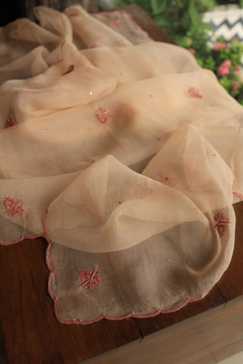 Peach Noor Organza Silk Chikankari Unstitched Kurta Dupatta Set