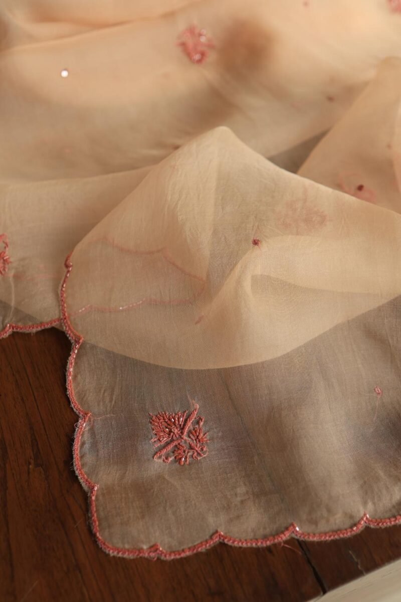 Peach Noor Organza Silk Chikankari Unstitched Kurta Dupatta Set
