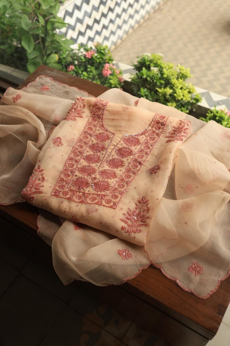 Peach Noor Organza Silk Chikankari Unstitched Kurta Dupatta Set