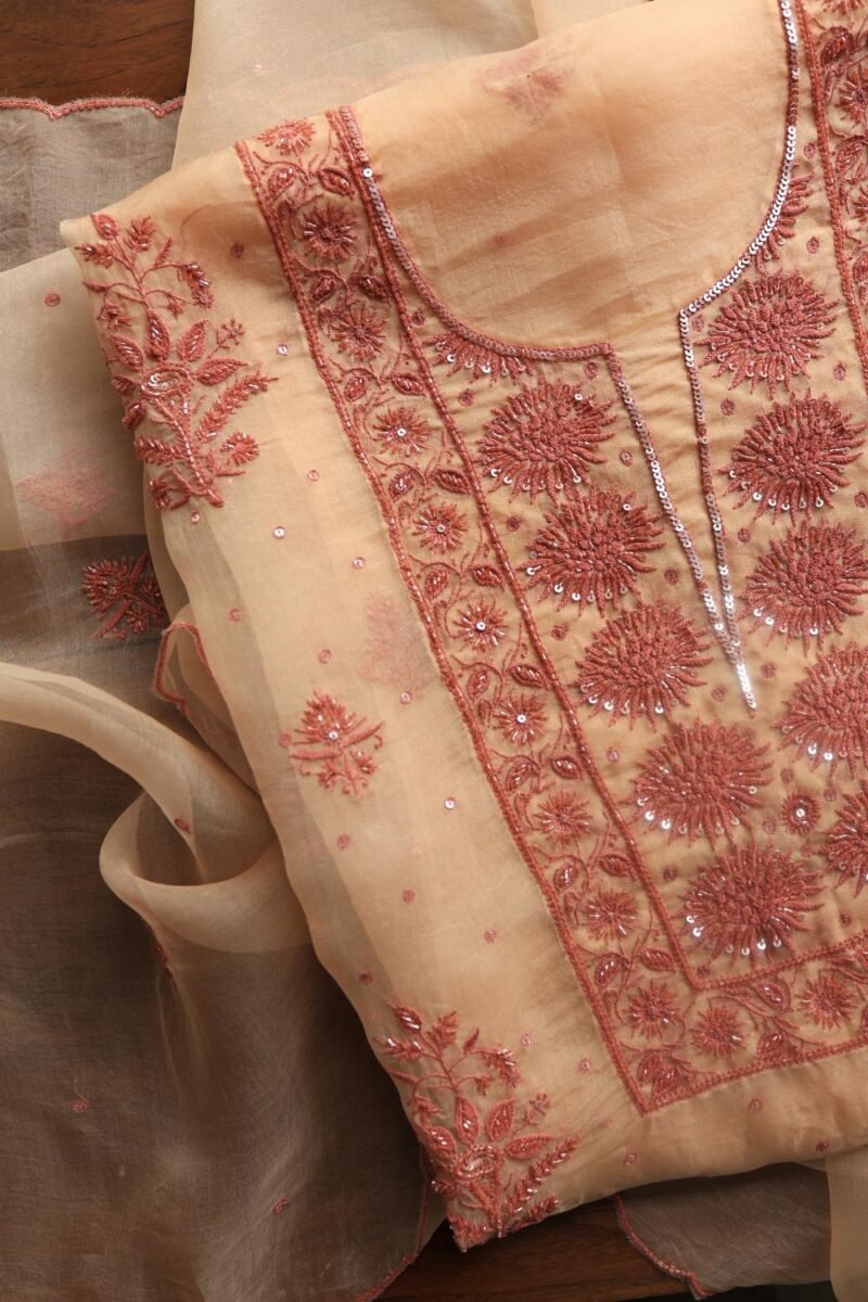 Peach Noor Organza Silk Chikankari Unstitched Kurta Dupatta Set