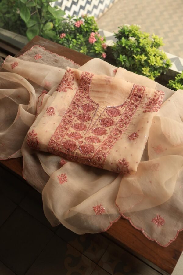Peach Noor Organza Silk Chikankari Unstitched Kurta Dupatta Set - Image 4