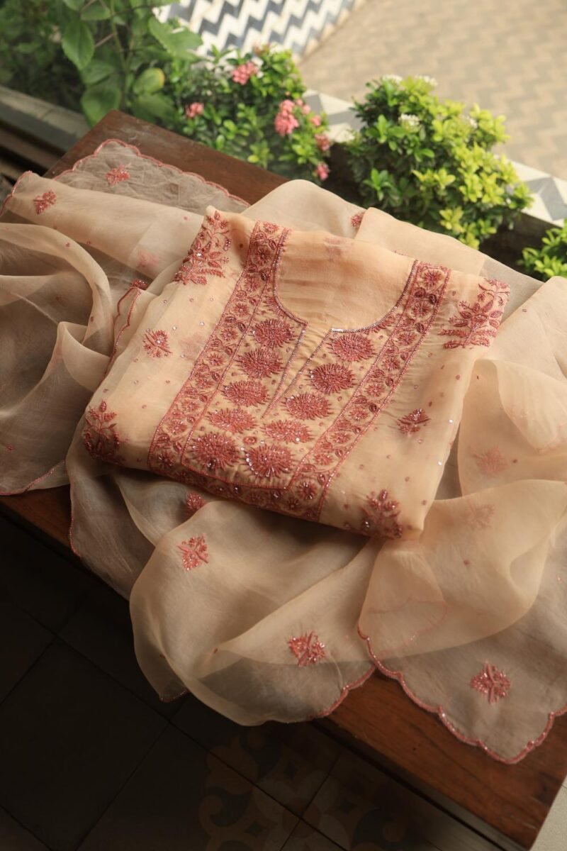 Peach Noor Organza Silk Chikankari Unstitched Kurta Dupatta Set