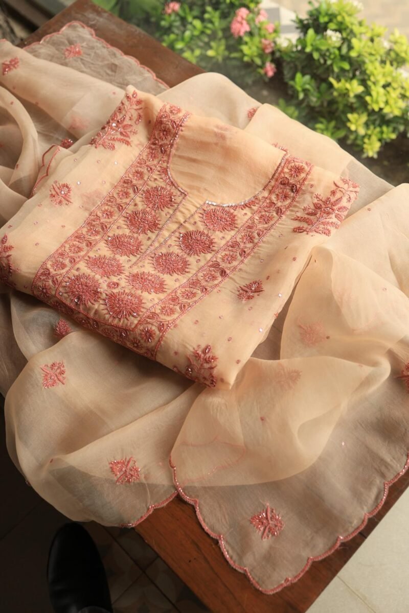 Peach Noor Organza Silk Chikankari Unstitched Kurta Dupatta Set