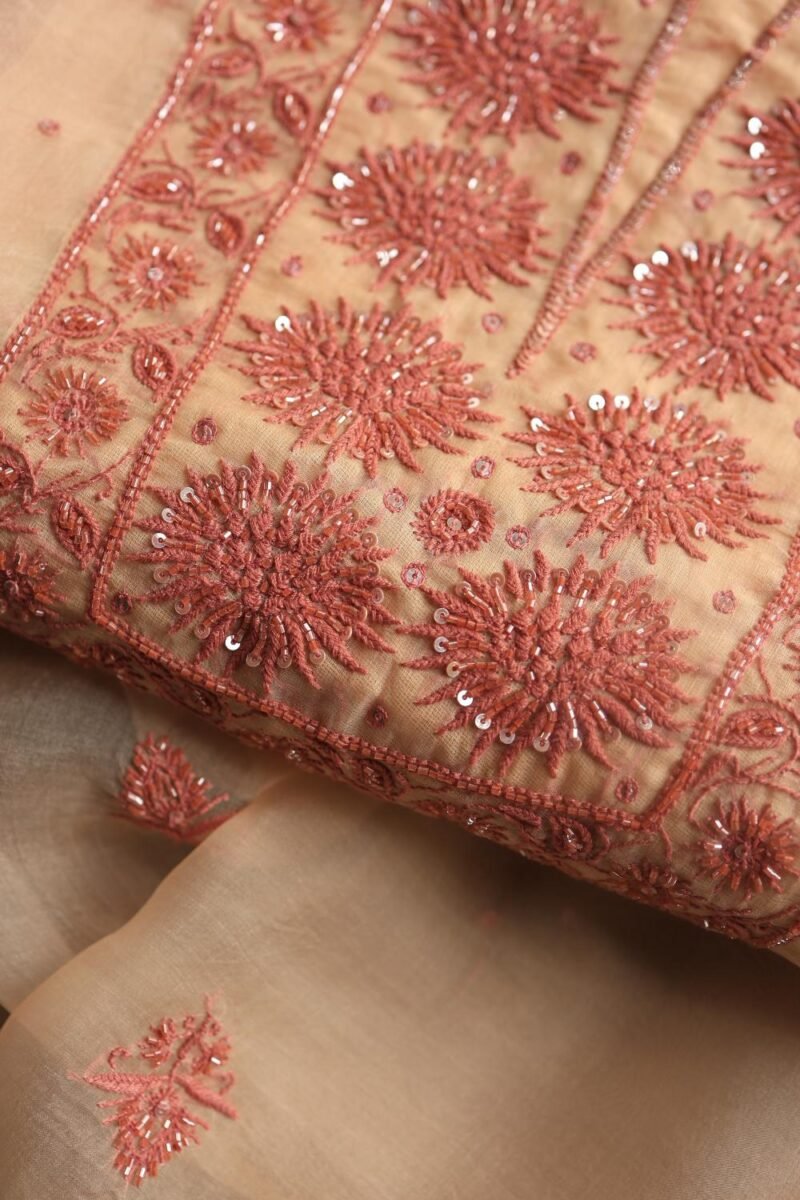 Peach Noor Organza Silk Chikankari Unstitched Kurta Dupatta Set