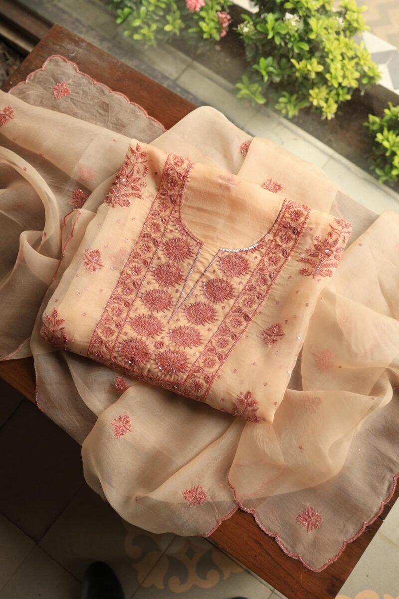 Peach Noor Organza Silk Chikankari Unstitched Kurta Dupatta Set