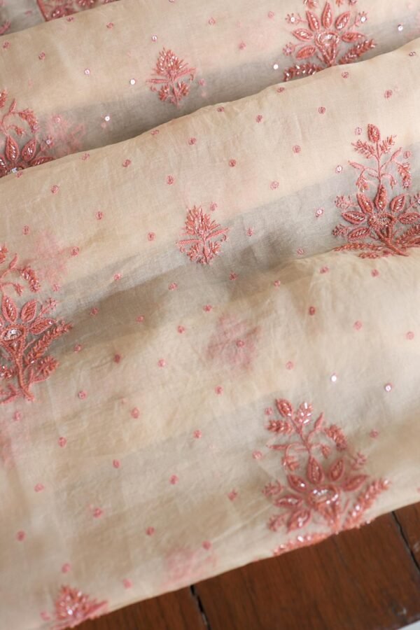 Peach Noor Organza Silk Chikankari Unstitched Kurta Dupatta Set - Image 9