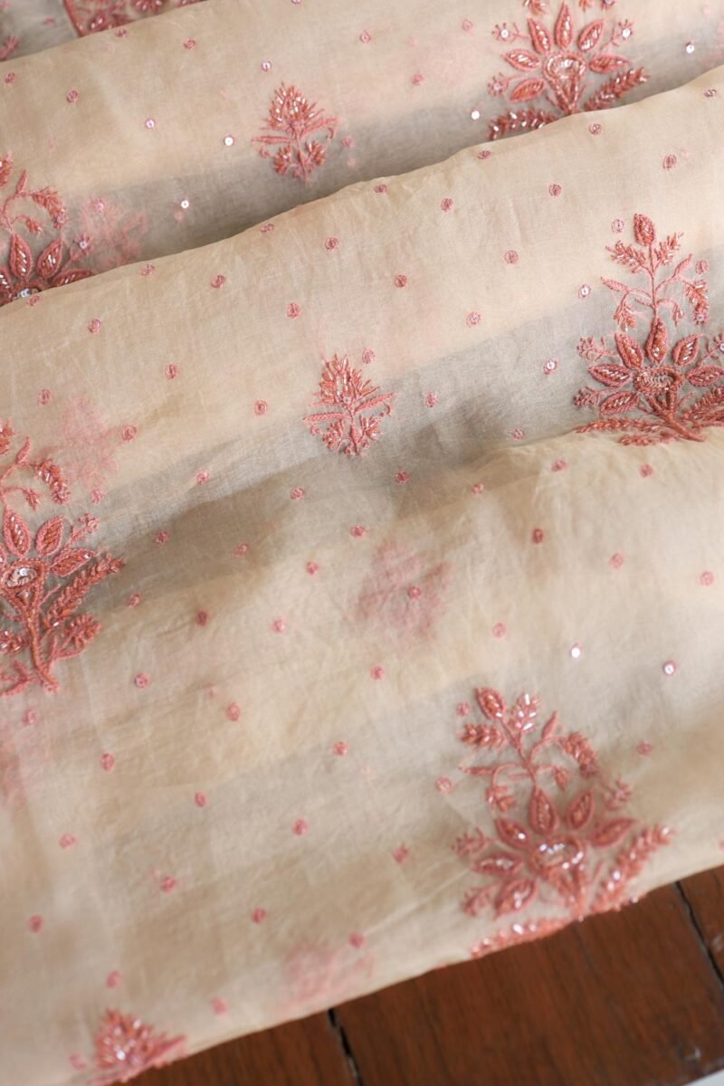 Peach Noor Organza Silk Chikankari Unstitched Kurta Dupatta Set