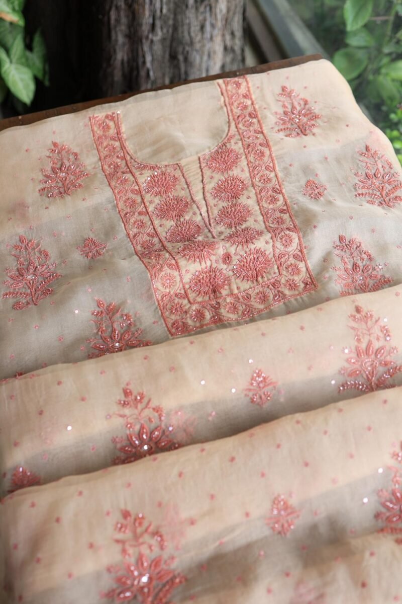 Peach Noor Organza Silk Chikankari Unstitched Kurta Dupatta Set