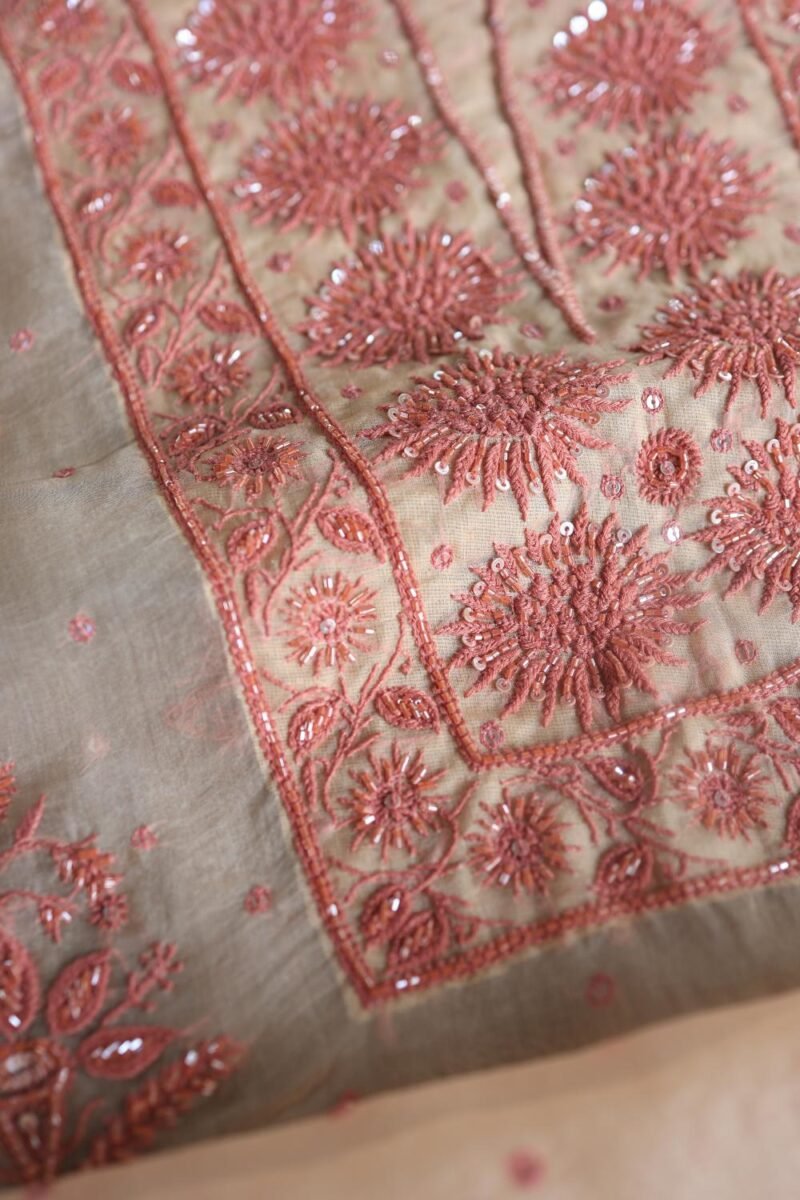 Peach Noor Organza Silk Chikankari Unstitched Kurta Dupatta Set